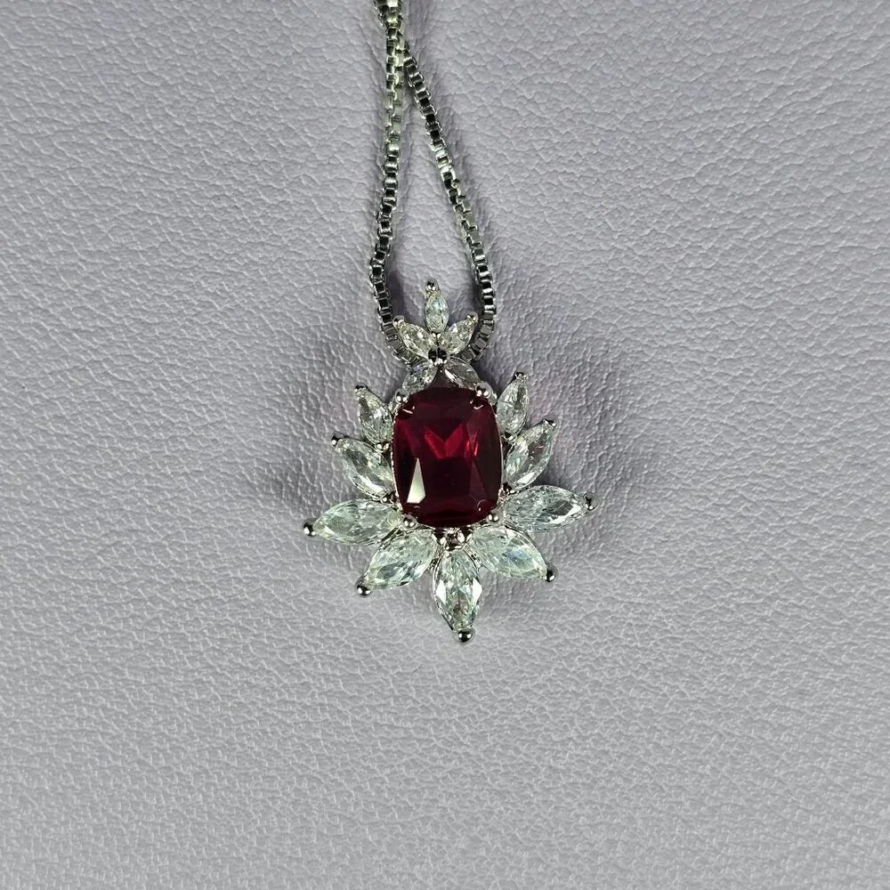 Elegant Silver-Plated Synthetic Ruby Pendant‎ Necklace (NWOT)